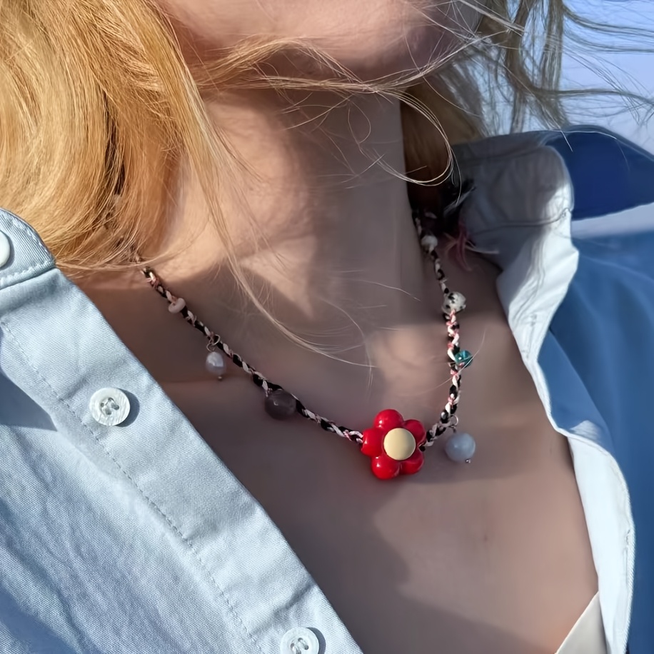 Women's Hand-Woven Beaded Necklace, 3 Beads Choker Cord Pendant